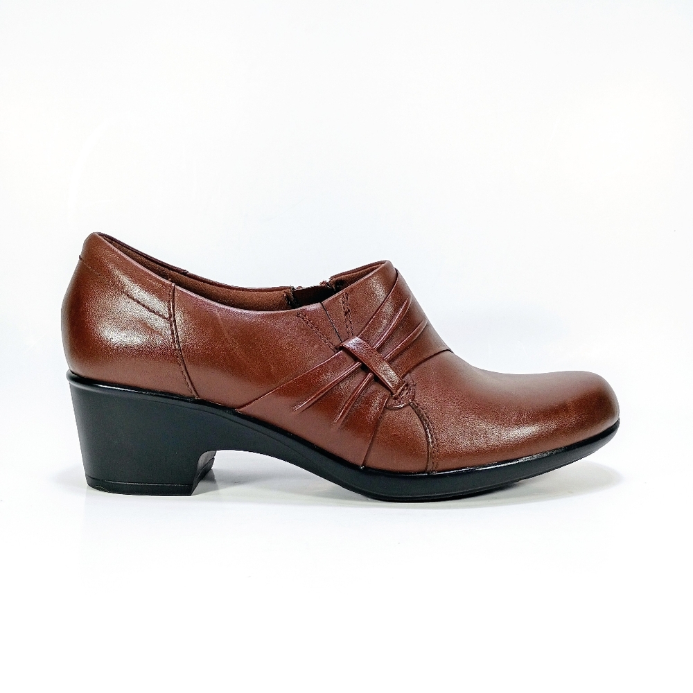 Clarks Genette Maple Womens 10 Brown Leather Side Zip Block Heel Shoes